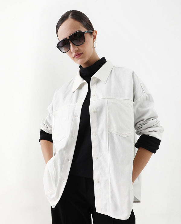 Rareism Women Epili White Cotton Fabric Button Closure Cotton Fabric Boxy Regular Shacket