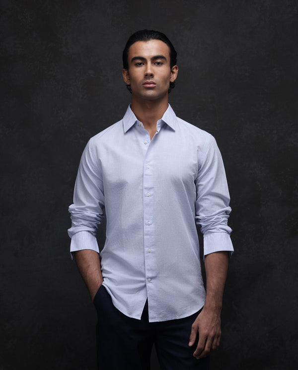 Rare Rabbit Men Dento Light Blue Full Sleeve Regular Fit Stripe Print Business Linen Shirt