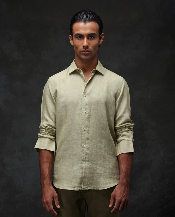 Rare Rabbit Mens Borium-2 Pastel Green Full Sleeve Melange Linen Fabric Solid Shirt