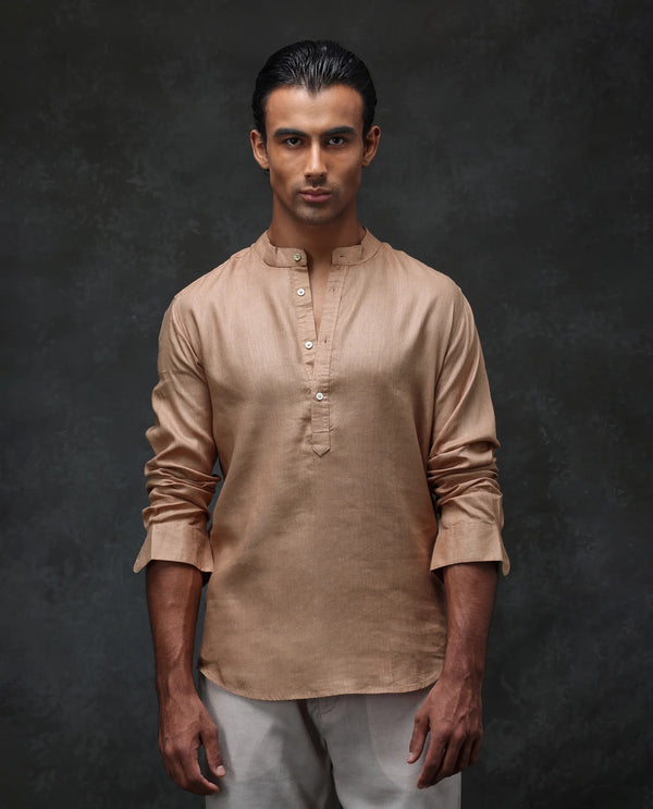 Rare Rabbit Men's Joi Beige Linen Fabric Full Sleeve Mandarin Collar Solid Regular Fit Short Kurta-Suit