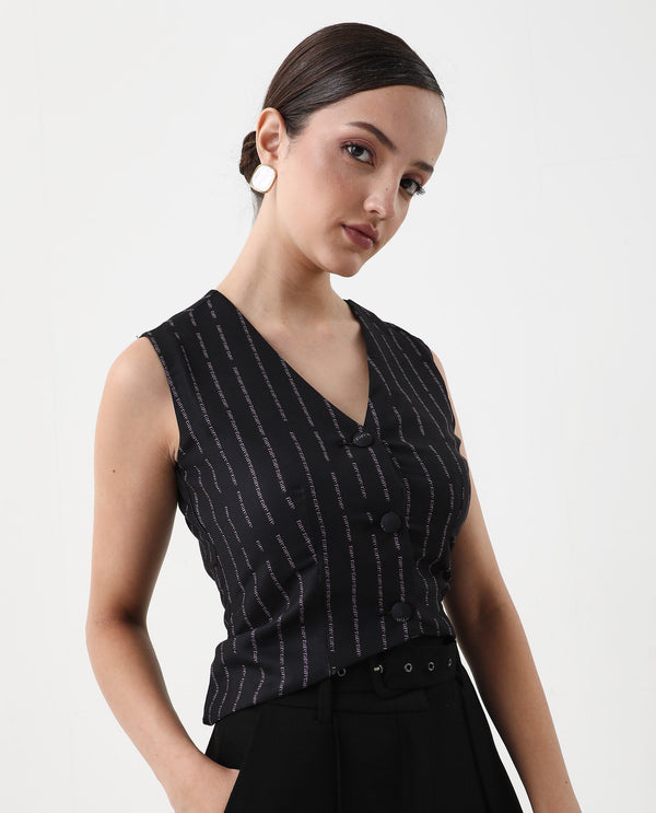Rareism Women Hicker Black Sleeveless V-Neck Fitted Narrow Stripes Top