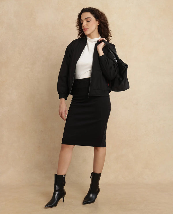 Rareism Women Afsko-B Black Cotton Poly Fabric Tie-Up Closure Straight Fit Midi Plain Skirt