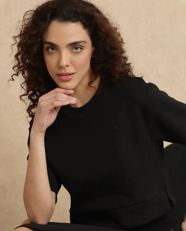 Rareism Women Aftok-T Black Cotton Poly Fabric Half Sleeve Crew Neck Cropped Plain T-Shirt