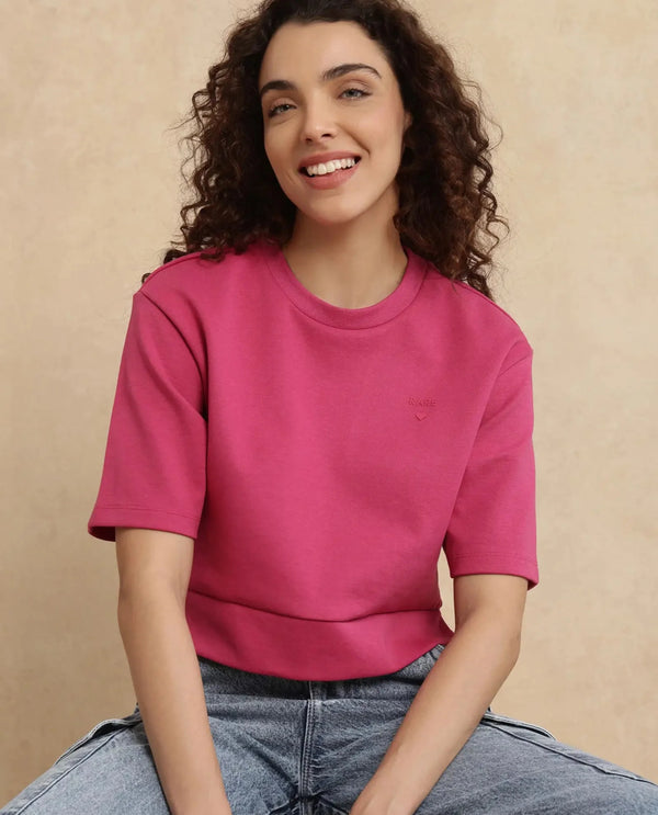 Rareism Women Aftok-T Pink Cotton Poly Fabric Half Sleeve Crew Neck Cropped Plain T-Shirt