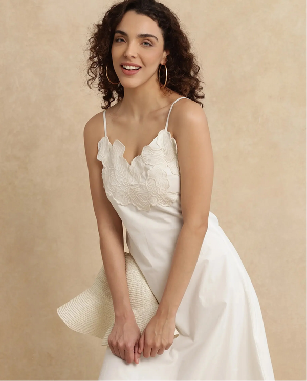 Rareism Women's Janpola White Cotton Fabric Shoulder Straps   Embroidered Flared Midi Dress