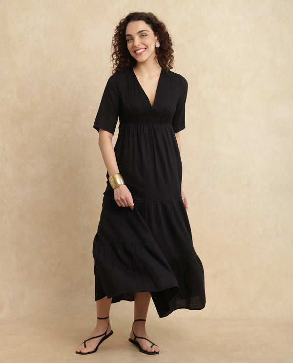 Rareism Women's Janyaka Black Linen Fabric V-Neck Zipper Closure Half Sleeve Plain Fit And Flare Maxi Dress