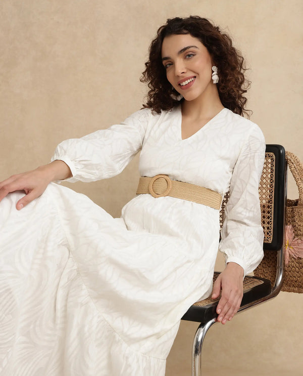 Rareism Women Janco Off White Cotton Fabric Bishop Sleeves V-Neck Fit And Flare Maxi Plain Dress