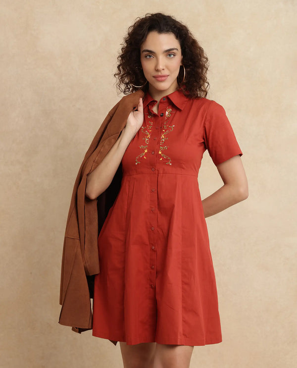 Rareism Women's Ronaj Rust Cotton Blend Fabric Collared Neck Button Closure Half Sleeve Plain Fit And Flare Knee Length Dress