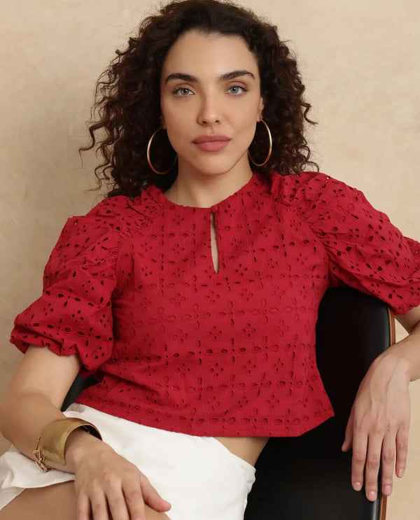 Rareism Women Somli Dark Red Cotton Fabric Balloon Sleeve Round Neck Button Closure Cropped Schiffli Top