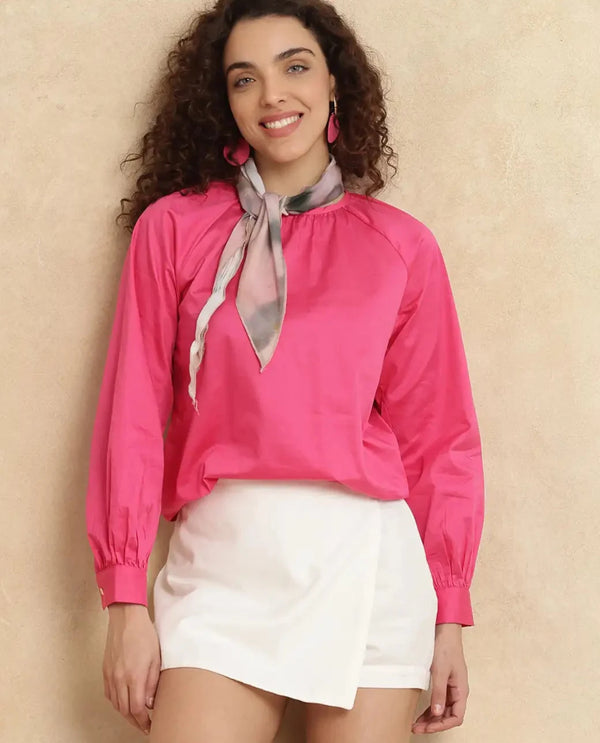 Rareism Women Somree Pink Cotton Satin Fabric Cuffed Sleeve Round Neck Button Closure Relaxed Fit Plain Top