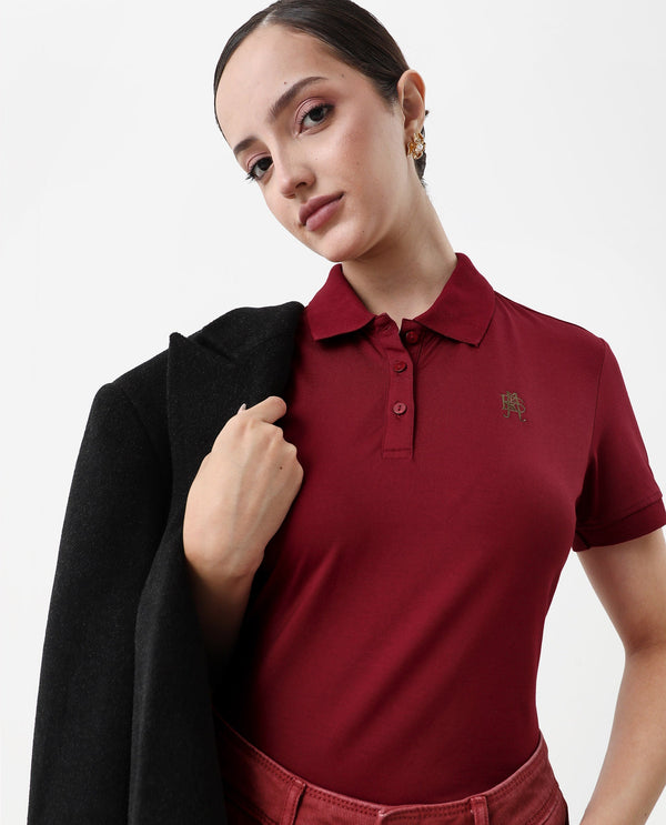 Rareism Women Lugano Maroon Cotton Poly Fabric Short Sleeve Polo Collar Button Closure Plain Polo