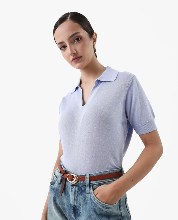 Rareism Women Basel Light Blue Cotton Linen Fabric Short Sleeve Polo Collar Plain Polo
