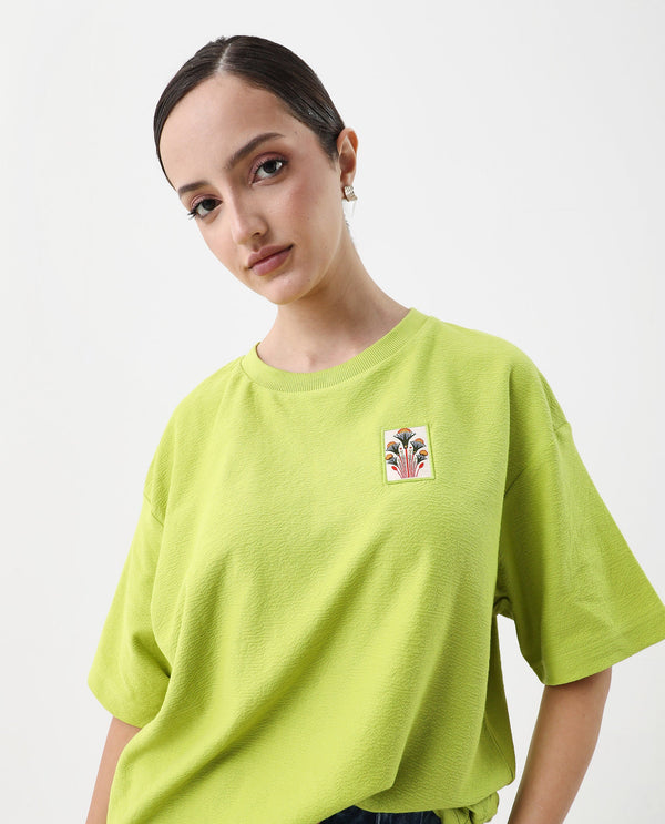 Rareism Women Volo Green Pull On Closure Cotton Oversized Regular Graphic Print T-Shirt