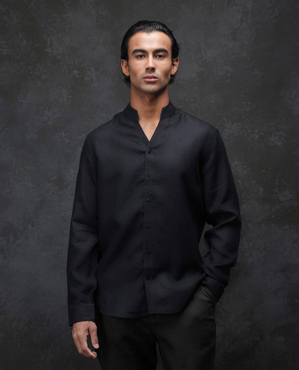 Rare Rabbit Men Fig Black Full Sleeve Mandarin Collar Regular Fit Solid Linen Shirt