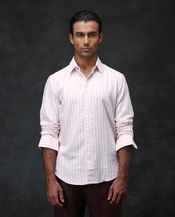 Rare Rabbit Mens Dopple Pastel Peach Full Sleeve Regular Collar Cotton Linen Blend Stripe Shirt