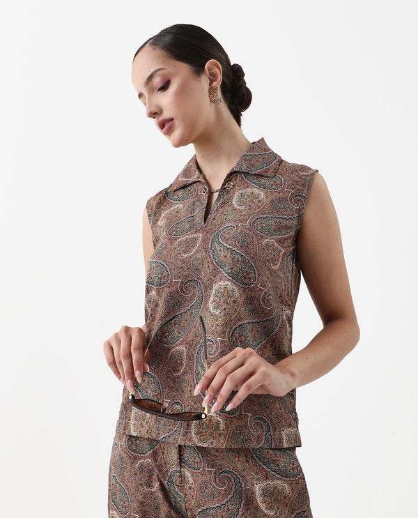 Rareism Women Ronoro-T Multi 100% Cotton Fabric Sleeveless Collared Neck Boxy Fit Paisley Print Top