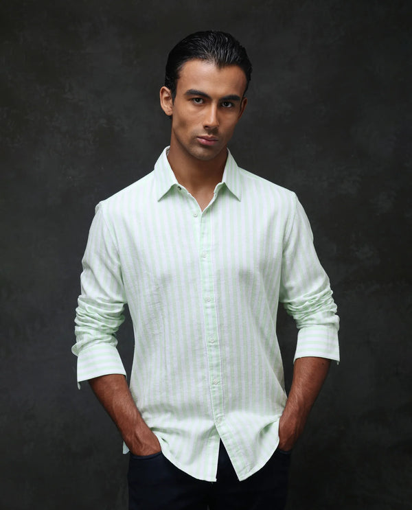 Rare Rabbit Mens Dopple Pastel Green Full Sleeve Spread Collar Cotton Linen Blend Stripe Shirt