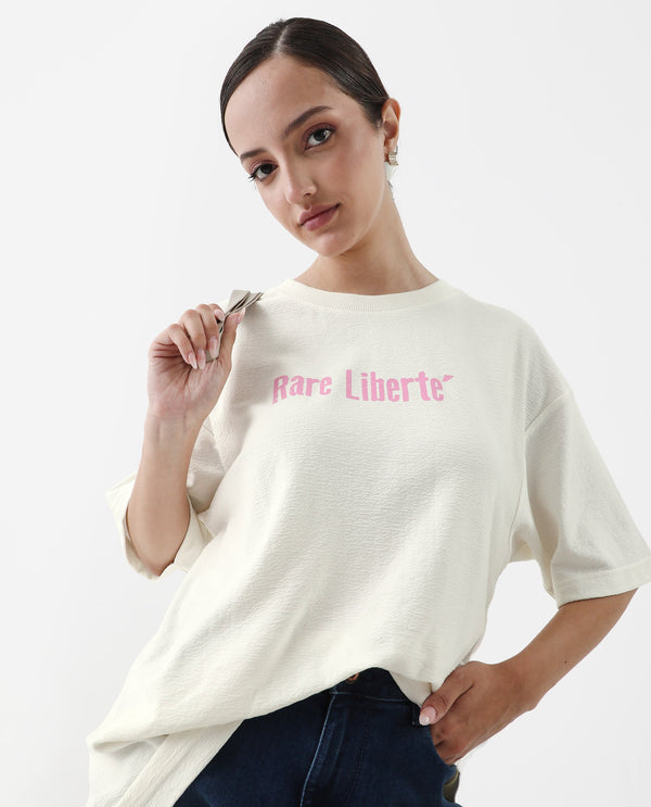 Rareism Women Wahre Off White Pull On Closure Cotton Oversized Regular Graphic Print T-Shirt