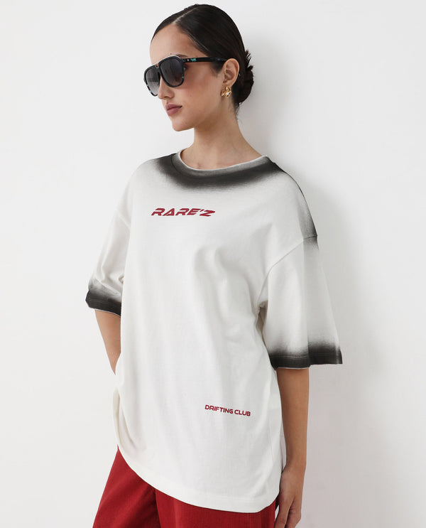 Rareism Women Foakoe Off White Pull On Closure Cotton Fabric Oversized Fit Regular Length Graphic Print T-Shirt