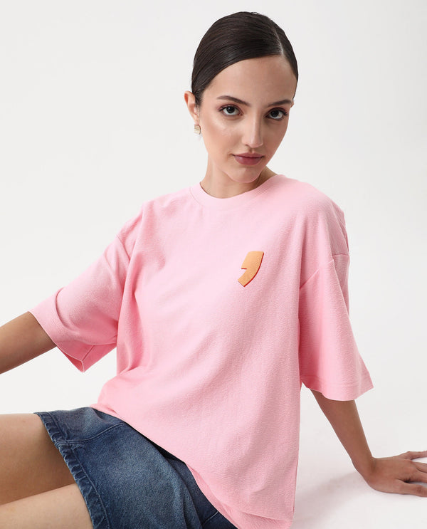 Rareism Women Ransa Pink Pull On Closure Cotton Oversized Regular Graphic Print T-Shirt