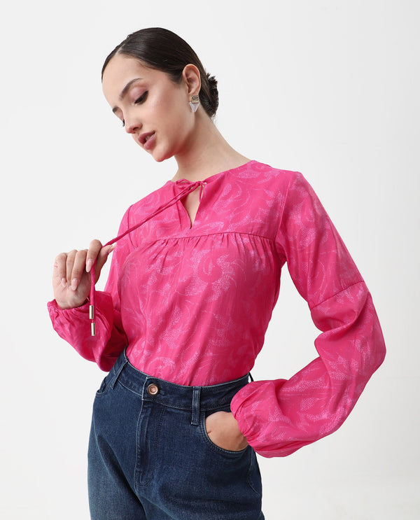 Rareism Women Somlin Flouroscent Pink Viscose Nylon Fabric Lantern Sleeve Tie-Up Neck Tie-Up Closure Abstract Print Top