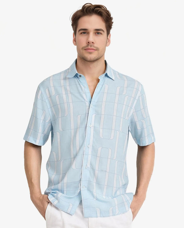 Rare Rabbit Men Holter Light Blue Viscose Fabric Short Sleeve Boxy Fit Abstract Print Shirt