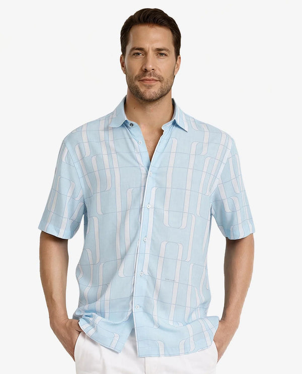 Rare Rabbit Men Holter Light Blue Viscose Fabric Short Sleeve Boxy Fit Abstract Print Shirt