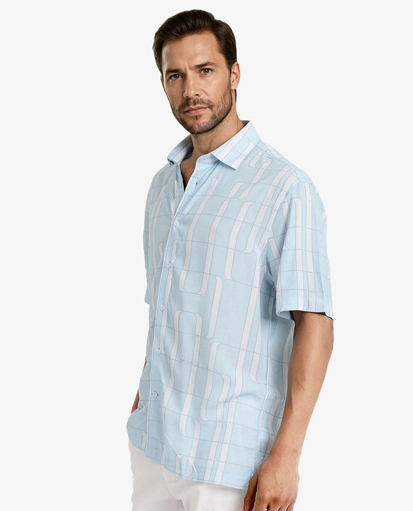 Rare Rabbit Men Holter Light Blue Viscose Fabric Short Sleeve Boxy Fit Abstract Print Shirt