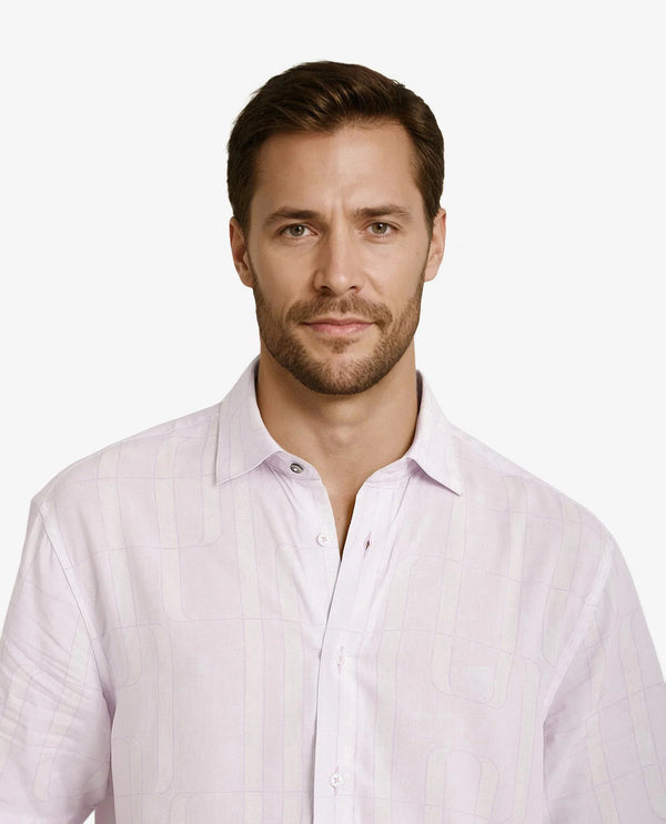 Rare Rabbit Men Holter Light Purple Viscose Fabric Short Sleeve Boxy Fit Abstract Print Shirt