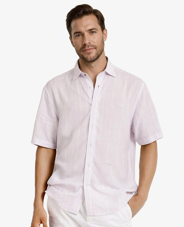 Rare Rabbit Men Holter Light Purple Viscose Fabric Short Sleeve Boxy Fit Abstract Print Shirt