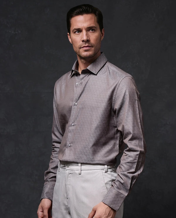 Rare Rabbit Men Homa Brown Cotton Fabric Full Sleeve Regular Fit Jacquard Shirt