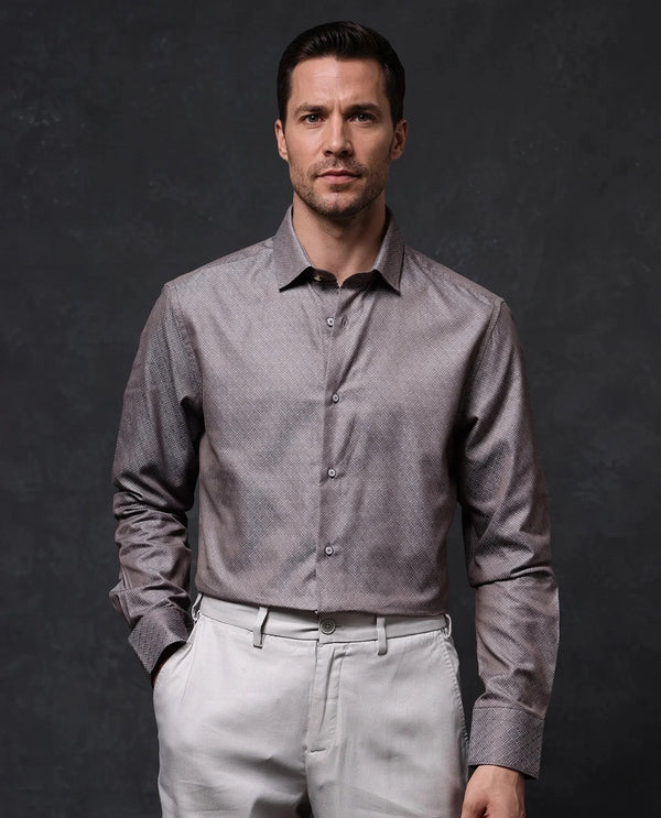 Rare Rabbit Men Homa Brown Cotton Fabric Full Sleeve Regular Fit Jacquard Shirt