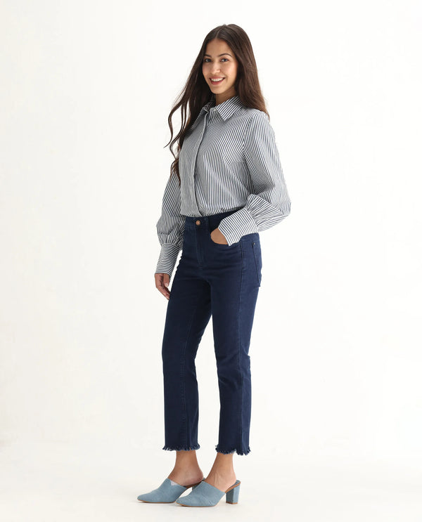 Rareism Women Hugo Blue Cotton Fabric Mid Rise Solid Relaxed Fit Ankle Length Jeans