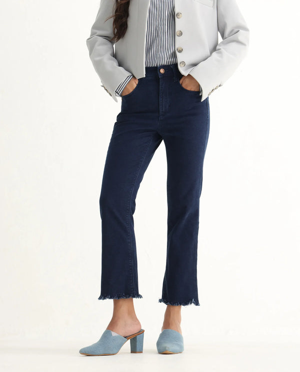 Rareism Women Hugo Blue Cotton Fabric Mid Rise Solid Relaxed Fit Ankle Length Jeans
