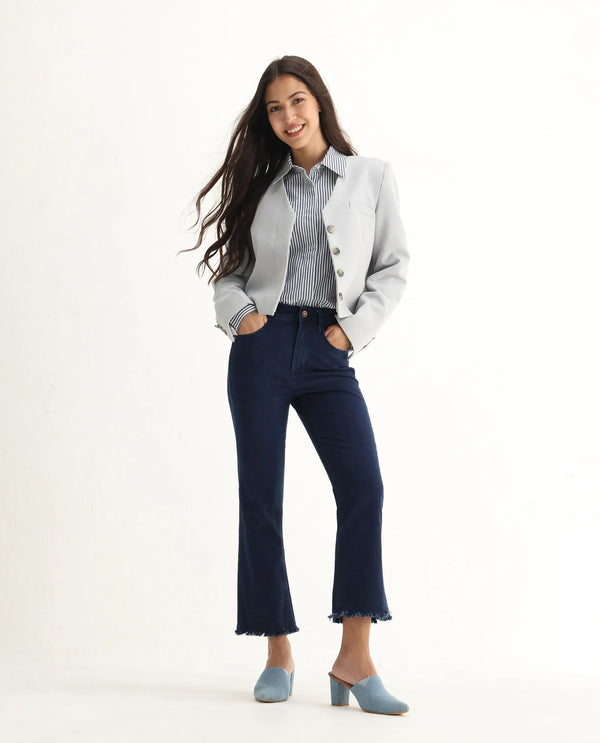Rareism Women Hugo Blue Cotton Fabric Mid Rise Solid Relaxed Fit Ankle Length Jeans