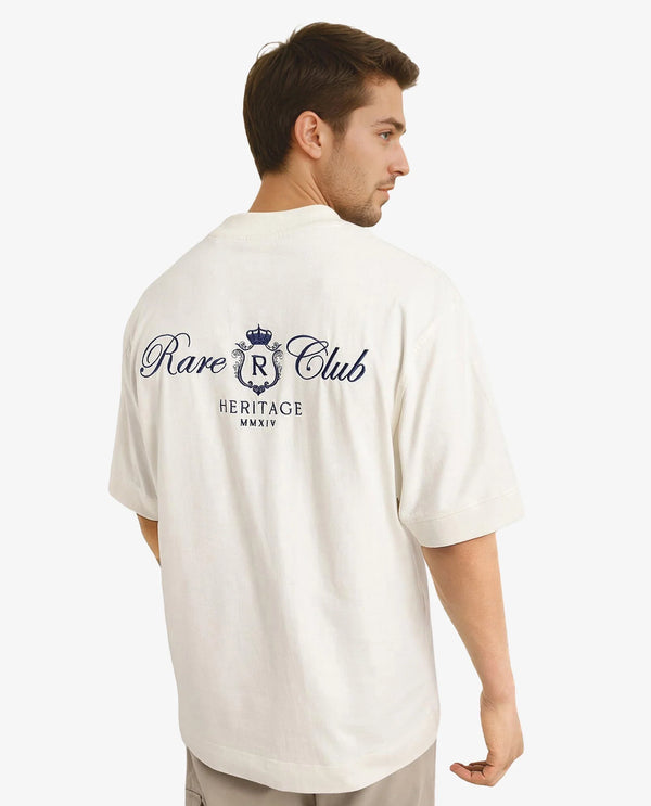 Rare Rabbit Men Hyde Off White Cotton Fabric Short Sleeve Crew Neck Oversized Fit Embroidered Back T-Shirt