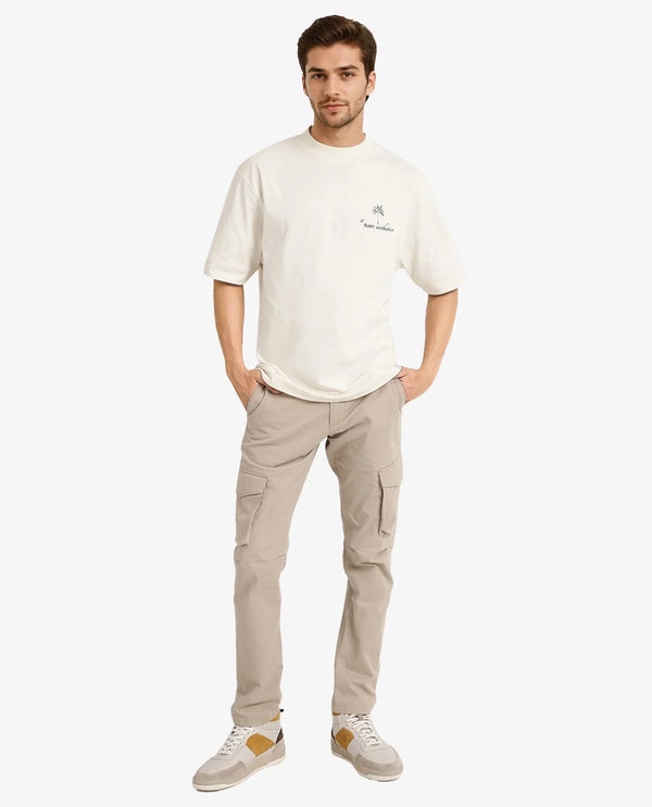 Rare Rabbit Men Hyde Off White Cotton Fabric Short Sleeve Crew Neck Oversized Fit Embroidered Back T-Shirt