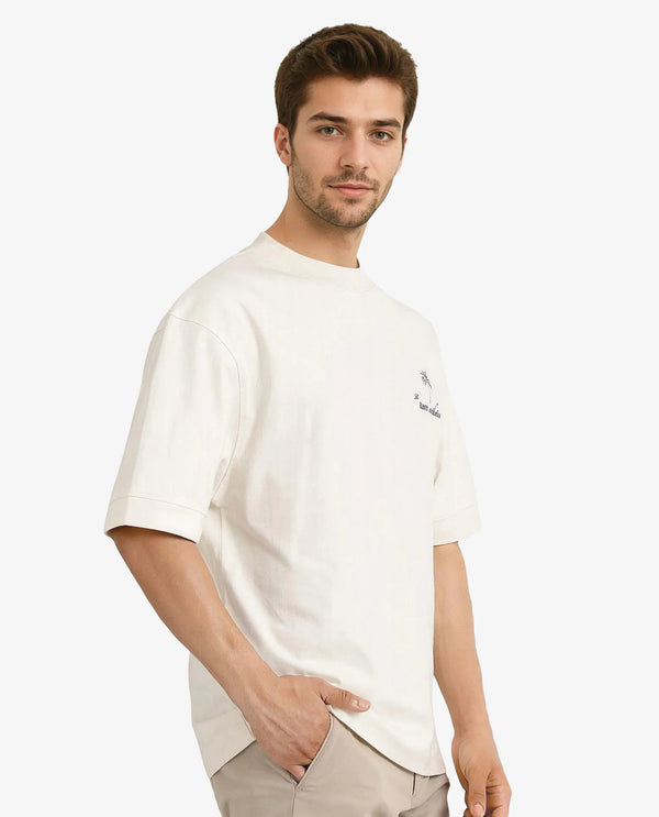Rare Rabbit Men Hyde Off White Cotton Fabric Short Sleeve Crew Neck Oversized Fit Embroidered Back T-Shirt