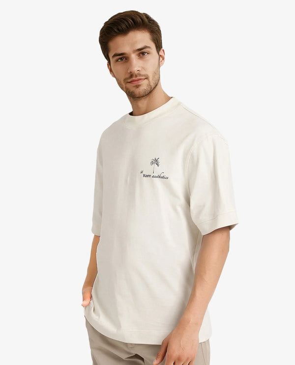 Rare Rabbit Men Hyde Off White Cotton Fabric Short Sleeve Crew Neck Oversized Fit Embroidered Back T-Shirt