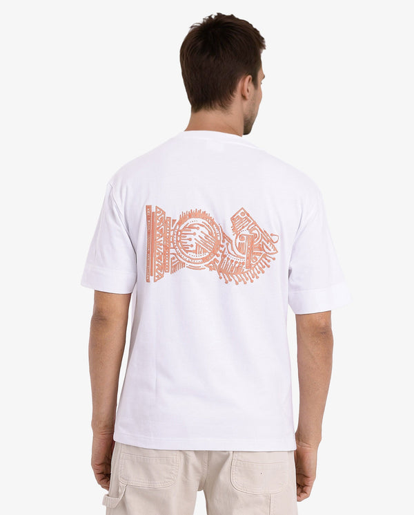 Rare Rabbit Men Ight White Cotton Fabric Short Sleeve Crew Neck Oversized Fit Graphic Back Print T-Shirt
