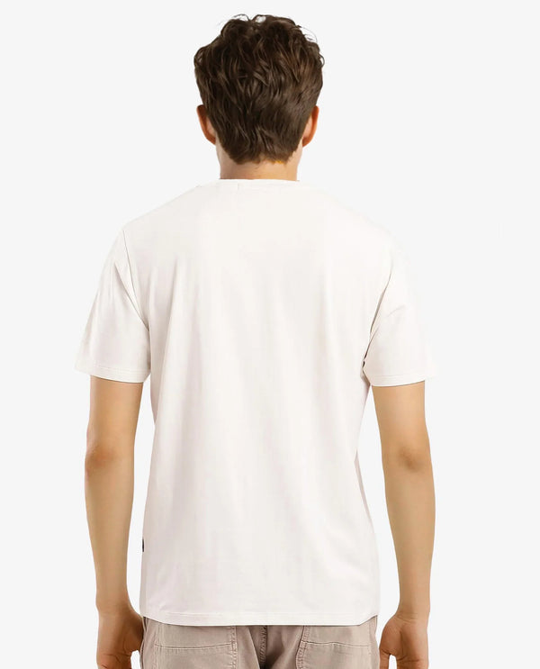 Rare Rabbit Men Jaceb Off White Cotton Lycra Fabric Short Sleeve Crew Neck Regular Fit Graphic Print T-Shirt