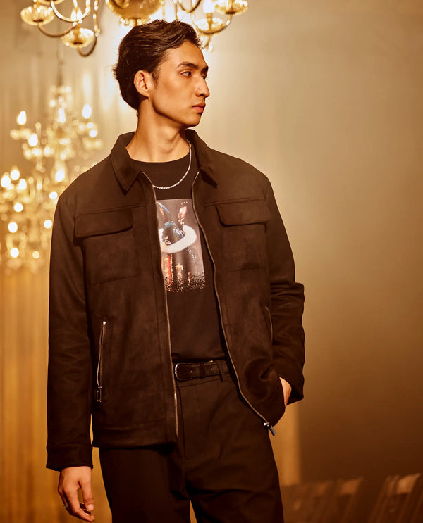 Rare Rabbit Men Baxo Black Suede Fabric Full Sleeve Collared Zipper Closure Regular Fit Plain Jacket