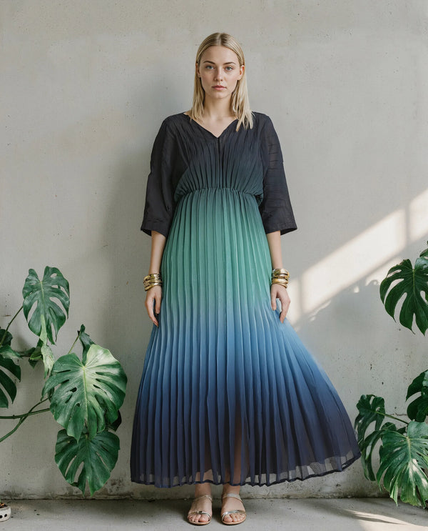 Rareism Women's Janambi Dark Blue 100% Polyester Fabric V-Neck Slip-On Closure Kimono Sleeve Ombre Flared Maxi Dress