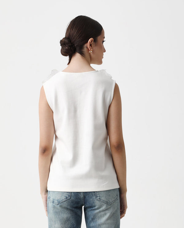 Rareism Women Janbed Off White 60%cotton,40%polyester Fabric Sleeveless Collared Neck Regular Fit Plain T-Shirt