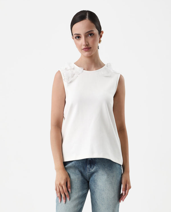 Rareism Women Janbed Off White 60%cotton,40%polyester Fabric Sleeveless Collared Neck Regular Fit Plain T-Shirt