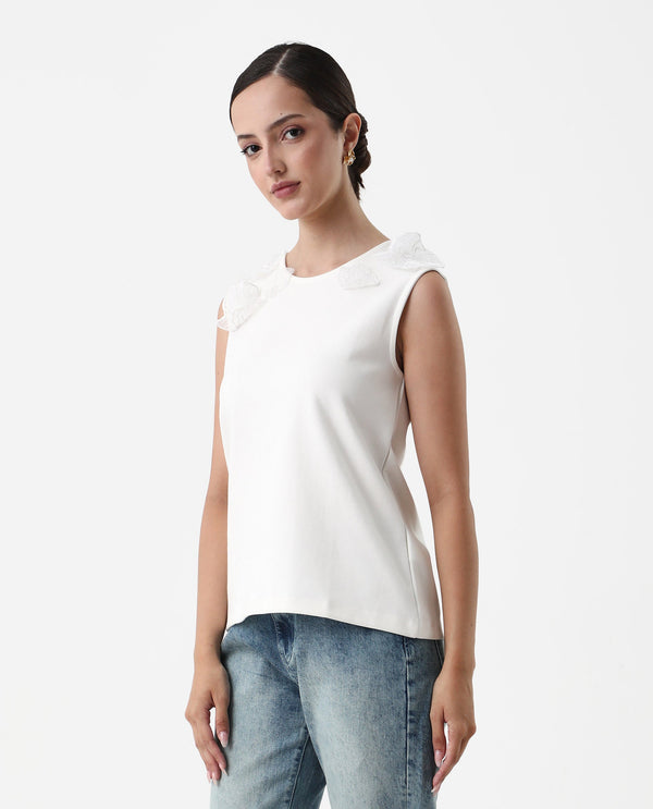 Rareism Women Janbed Off White 60%cotton,40%polyester Fabric Sleeveless Collared Neck Regular Fit Plain T-Shirt