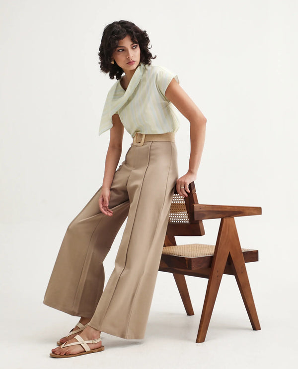Rareism Women Jancura Beige 67%Rayon 29%Nylon 4%Spandex Fabric Round Neck Bootcut Ankle Length Plain Trouser
