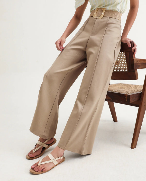 Rareism Women Jancura Beige 67%Rayon 29%Nylon 4%Spandex Fabric Round Neck Bootcut Ankle Length Plain Trouser