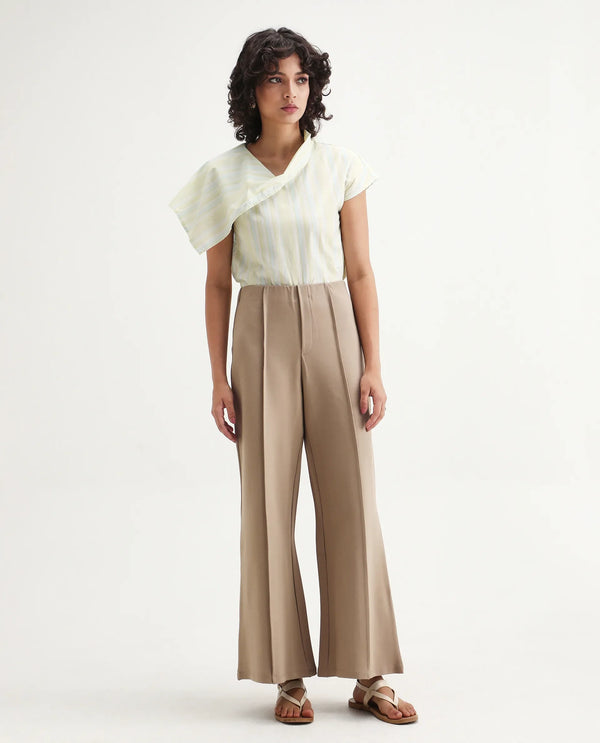 Rareism Women Jancura Beige 67%Rayon 29%Nylon 4%Spandex Fabric Round Neck Bootcut Ankle Length Plain Trouser
