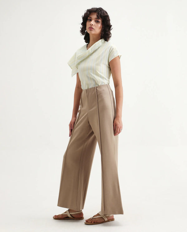 Rareism Women Jancura Beige 67%Rayon 29%Nylon 4%Spandex Fabric Round Neck Bootcut Ankle Length Plain Trouser
